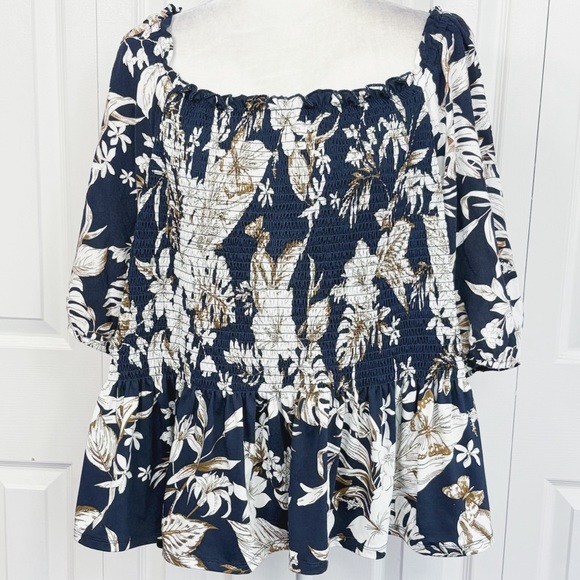 Indigo Rose Boho Navy & White Floral Butterfly Print Smocked Knit Top 3X - Picture 1 of 16